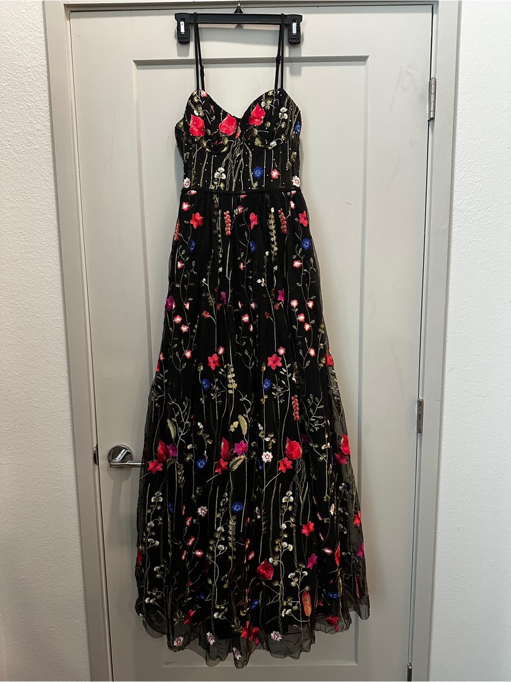 Embroidered Floral Black Floor Length Dress